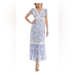 Taylor Blue and White Lace Trim Dress